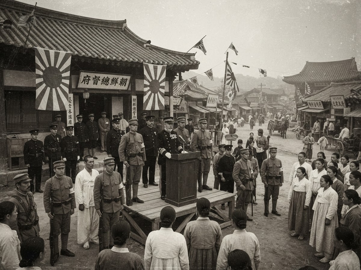 Early 20th century Japanese colonial occupation of Korea, administrators and soldiers in a Korean town square under rising-sun flags.