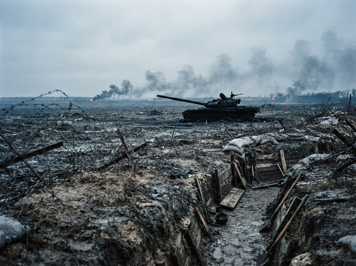 A war-torn no-man's-land at stalemate: muddy trenches, barbed wire, and a destroyed tank silhouette against a grey overcast sky.