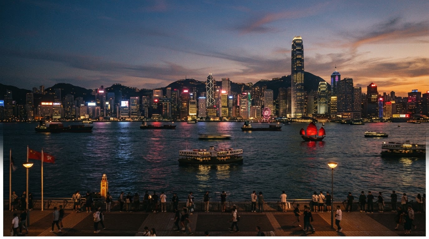 Hong Kong's harbor and skyline at dusk, symbolizing negotiated autonomy.