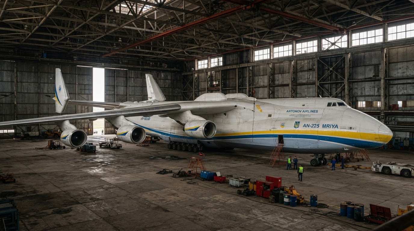 The Antonov An-225 Mriya, the world's largest cargo aircraft, parked inside a large hangar at Hostomel Airport.