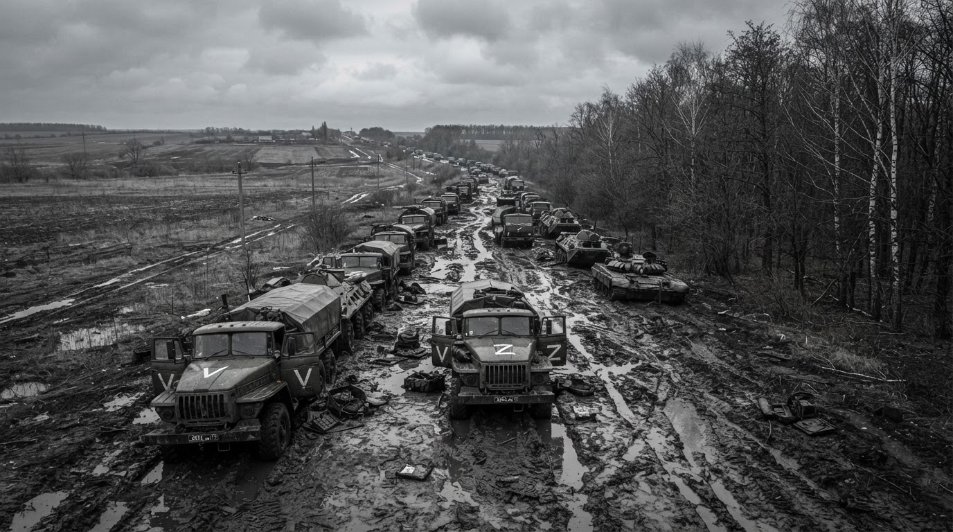 A long Russian military convoy of trucks and armored vehicles stalled on a muddy rural road near a forest in spring thaw, vehicles bogged down under an overcast sky.