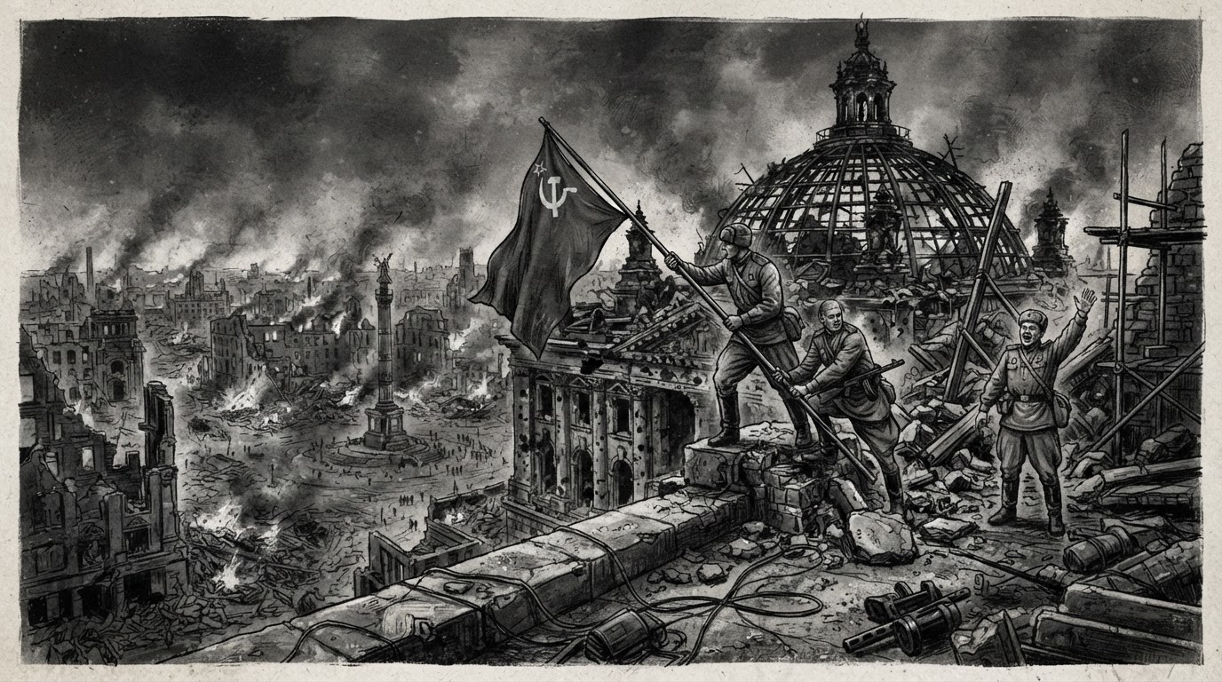 Soviet soldiers raising a flag over the ruined Reichstag in Berlin, May 1945.