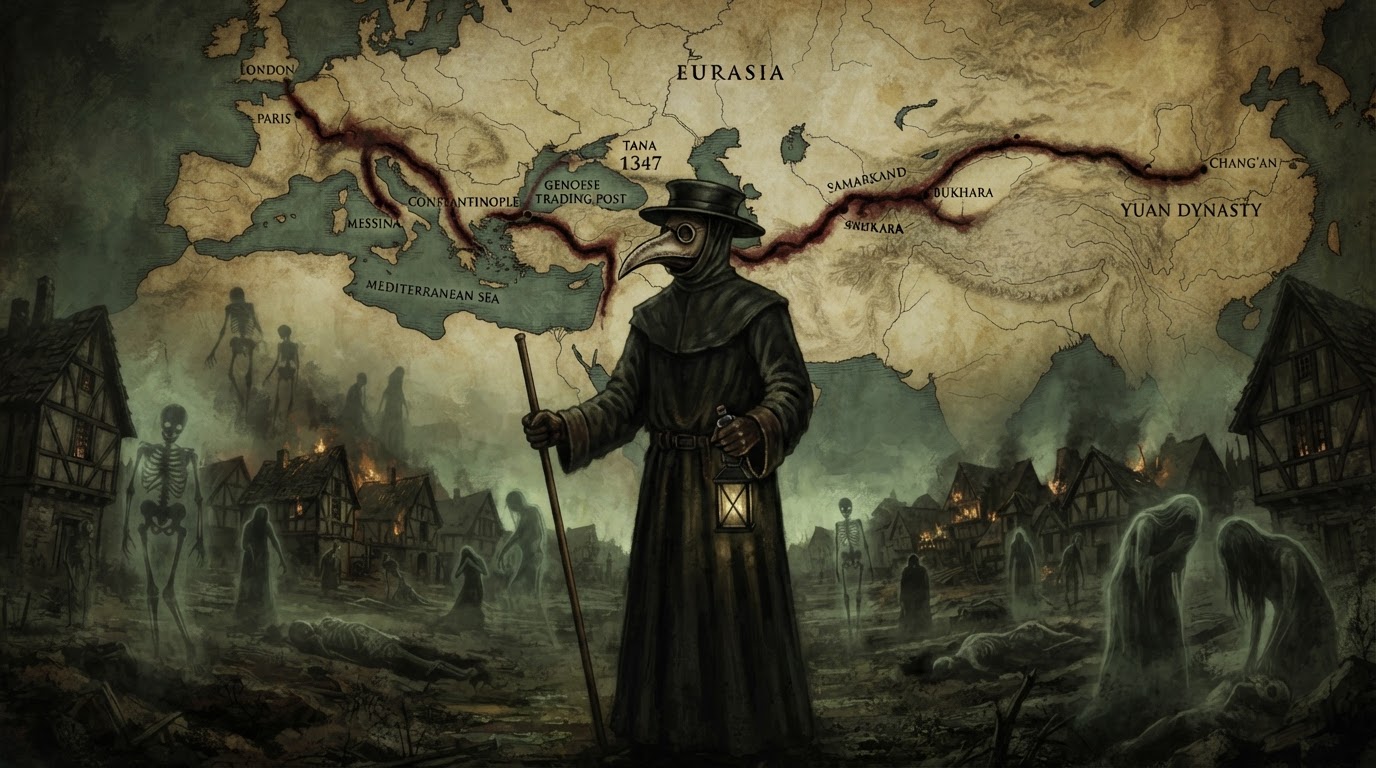 The Black Death sweeping across Europe: a plague doctor, the Silk Road from China to the Black Sea, ghostly silhouettes of the dead.