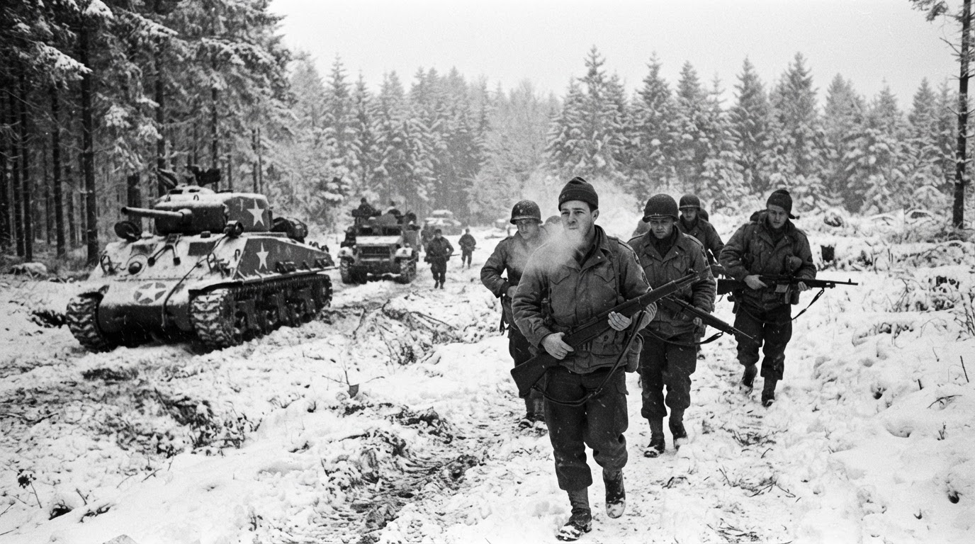 American soldiers and tanks in the snow-covered Ardennes forest during the Battle of the Bulge, winter 1944.