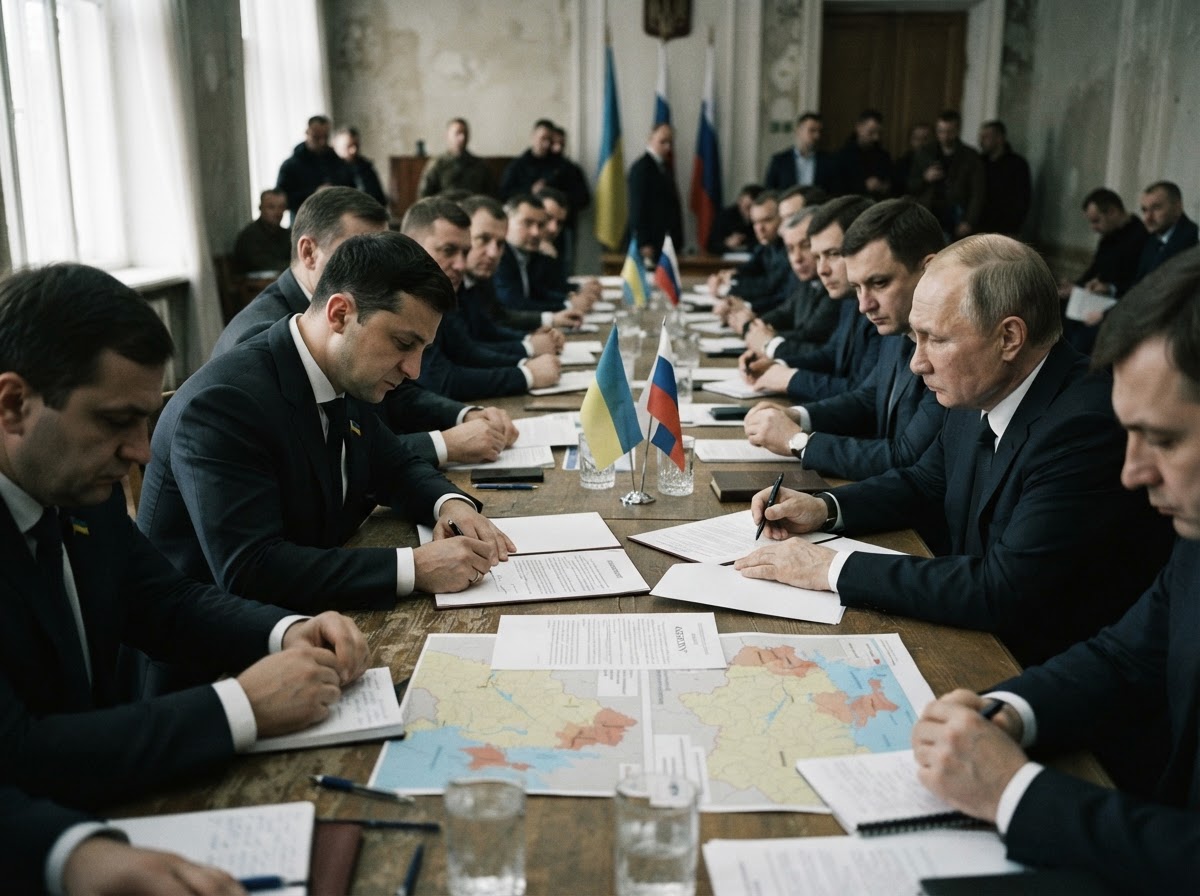 Two delegations negotiating across a long table, hands signing documents, maps of Ukraine between them, tense atmosphere.