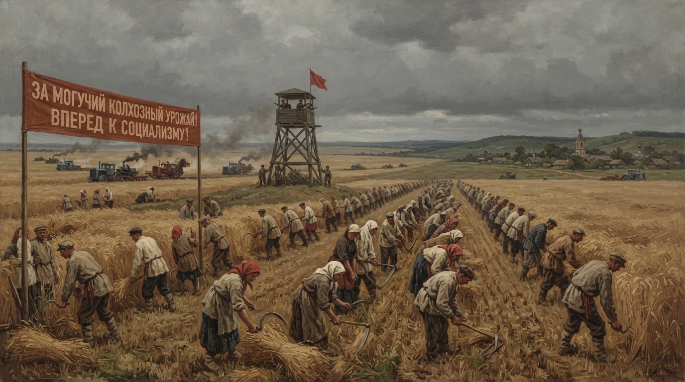 Soviet collectivization: vast communal wheat fields with hundreds of peasants working in rows under a looming watchtower.