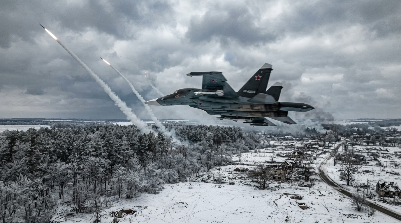 A Russian fighter jet flying low over a snowy Ukrainian landscape with surface-to-air missile trails in the sky.