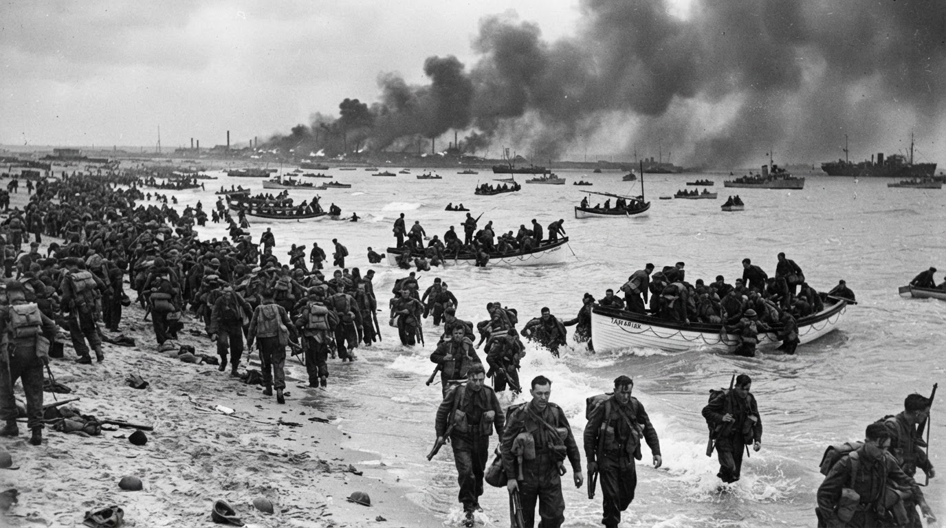 The Dunkirk evacuation of 1940: small boats rescuing soldiers from a beach under smoke-filled skies.