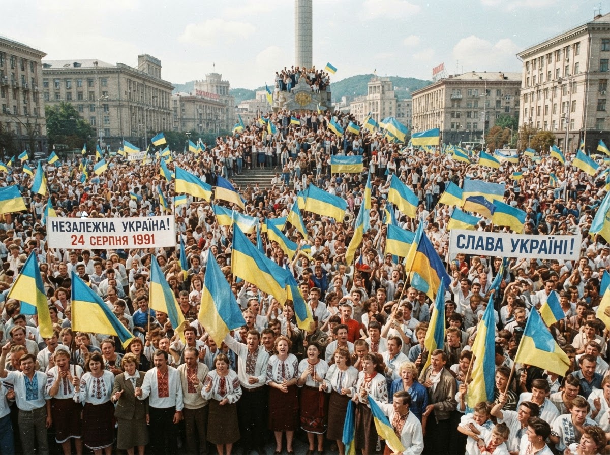 A crowd celebrating Ukrainian independence in 1991, waving blue and yellow flags.