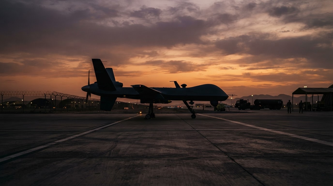 An MQ-9 Reaper military drone silhouette on a runway at sunset.