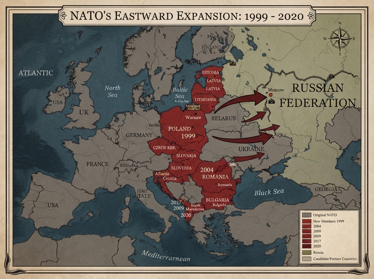 A stylized map of Europe showing NATO's eastward expansion from 1999 to 2020, arrows pushing eastward toward Russia.