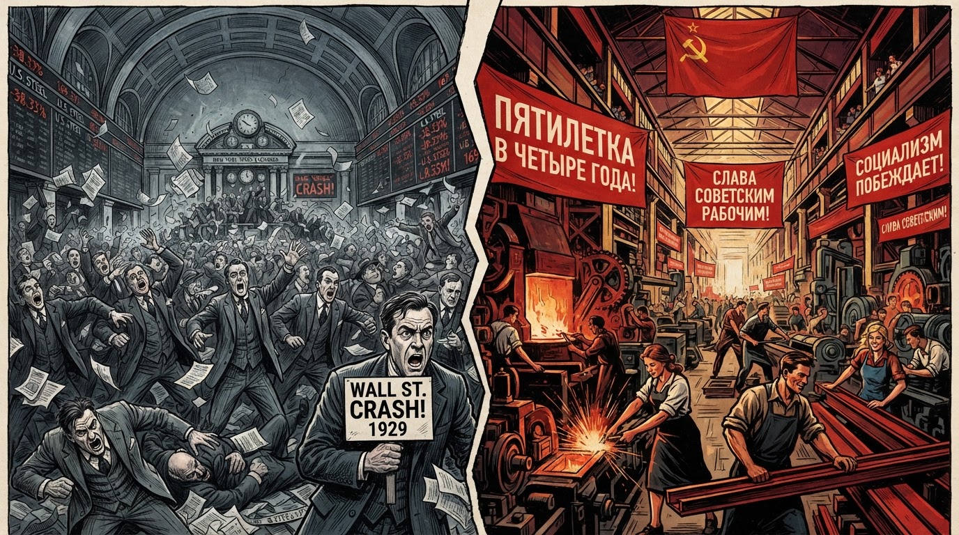 A split illustration: the 1929 Wall Street crash in cold grey-blue on the left, a thriving Soviet factory in red and gold on the right.