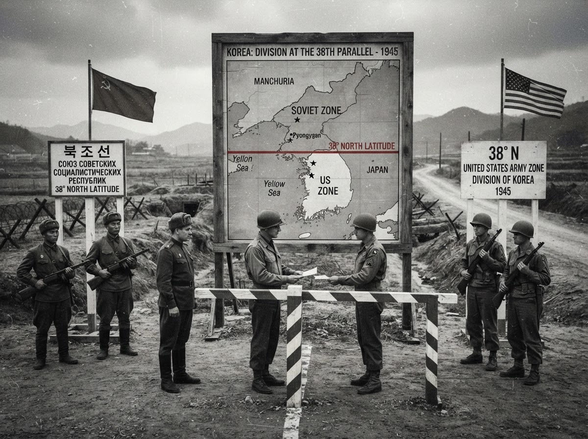 The division of Korea at the 38th parallel in 1945, a stark map of the Korean peninsula split in two, Soviet and American soldiers meeting at a divided border checkpoint.