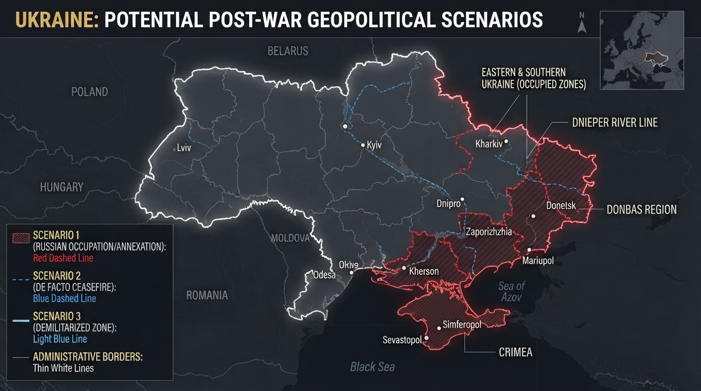 A stylized map of Ukraine showing multiple possible post-war border divisions drawn as dashed red and blue lines.