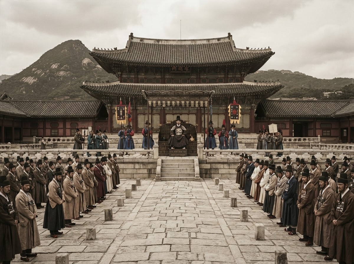 A 19th century Joseon dynasty Korean royal court scene, court officials in traditional robes gathered in a courtyard before a palace.