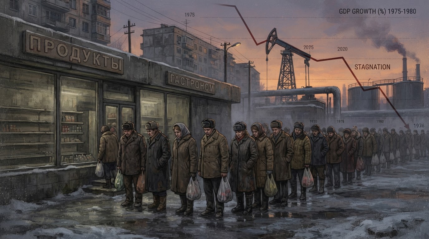 Soviet economic stagnation: a long queue of tired citizens outside a bare-shelved grocery store, an oil derrick and pipeline under a fading sunset.