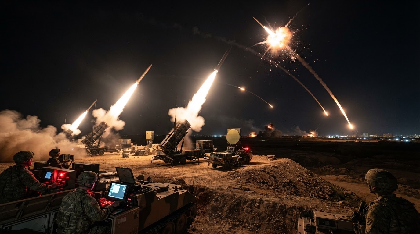 A US Patriot missile defense battery launching interceptors into a dark sky against incoming ballistic missiles.