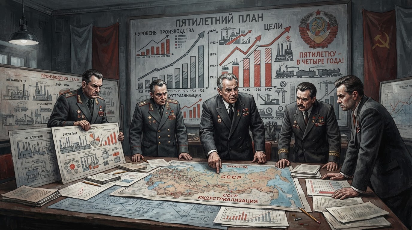 A giant central planning committee table covered with blueprints, factory diagrams, and output charts, stern officials pointing at maps of the USSR.