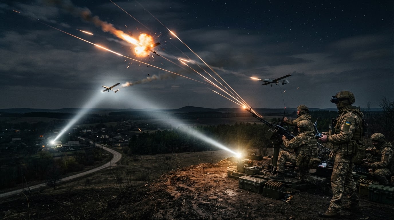 Ukrainian mobile air defense teams launching interceptor drones against incoming Shahed drones at night.
