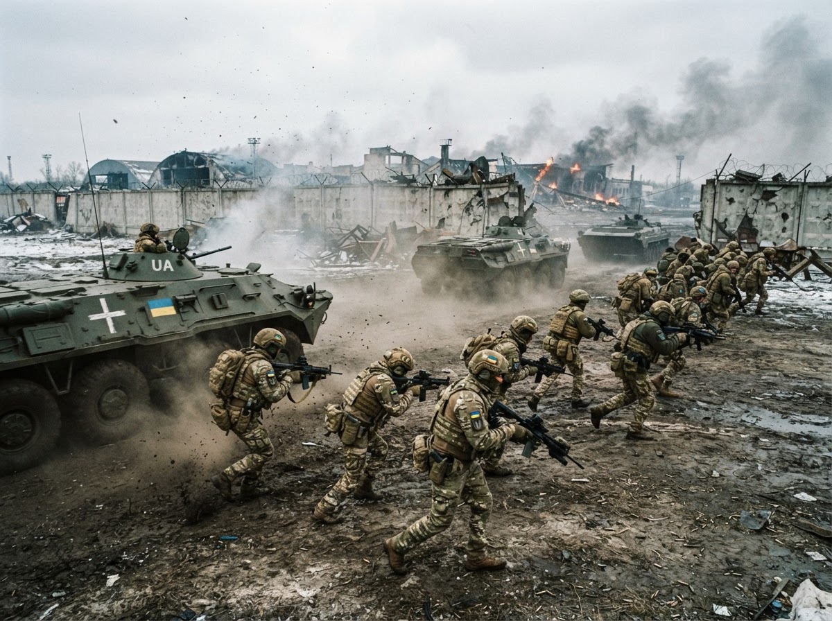 Ukrainian special forces and mechanized infantry counterattacking toward an airport perimeter wall in winter morning light, soldiers in tactical gear advancing with armored vehicles.