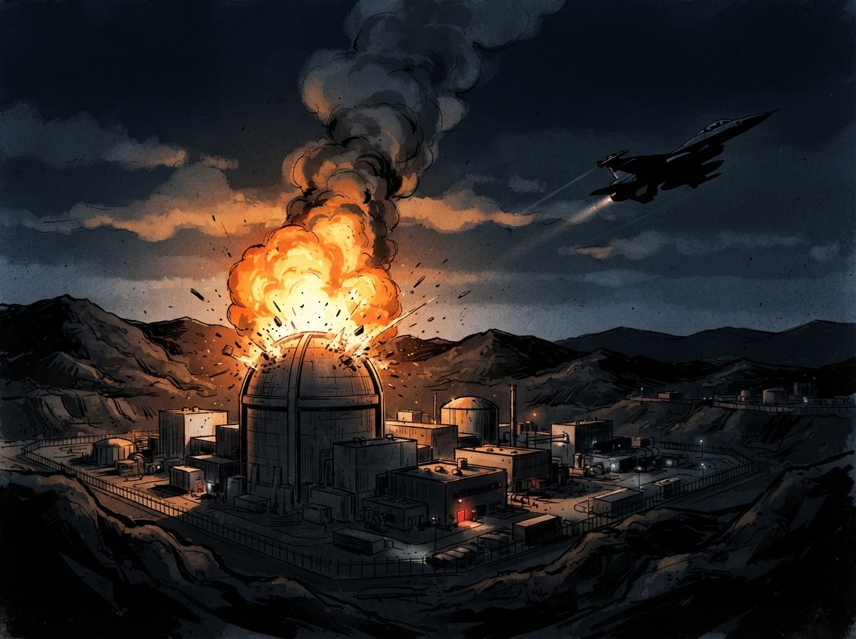 A preemptive strike on a nuclear facility: a concrete reactor dome bombed at night with a bright orange explosion flash and a fighter jet silhouette.