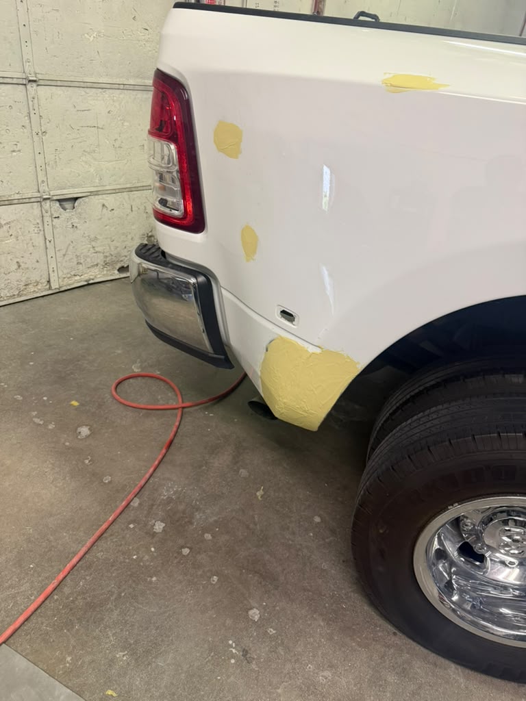 truck bedside dent repair and body filler prep by Salgado's Auto Spot in Taylorsville UT