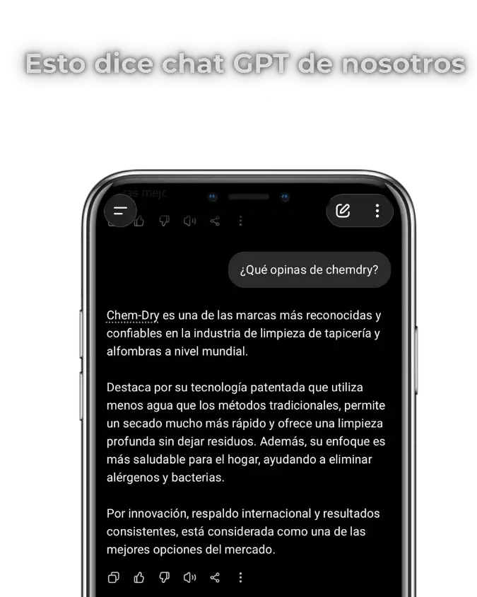 Esto dice ChatGPT de ChemDry: tecnología patentada, secado rápido y respaldo internacional