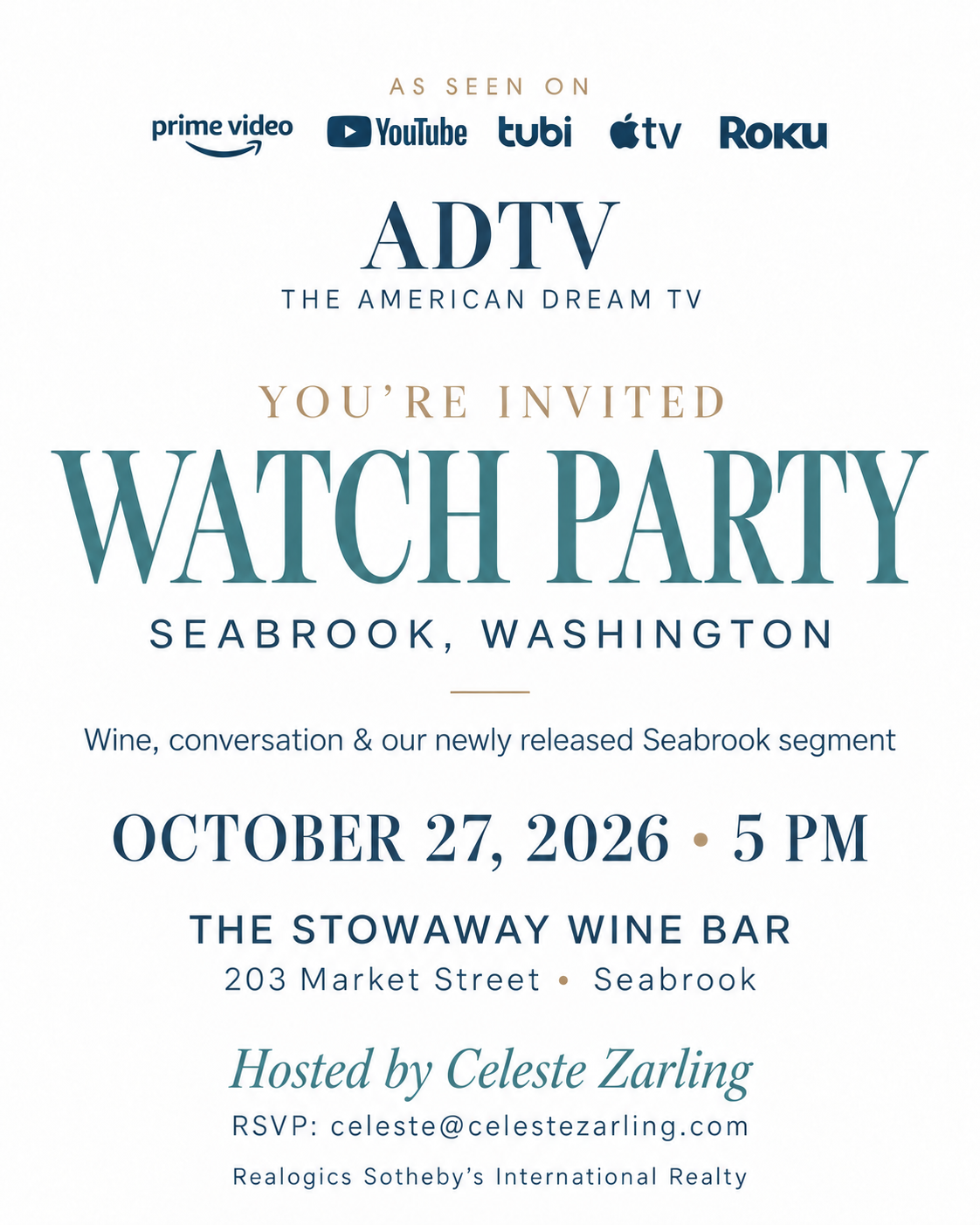 American Dream TV Watch Party Official Invitation - Seabrook Washington