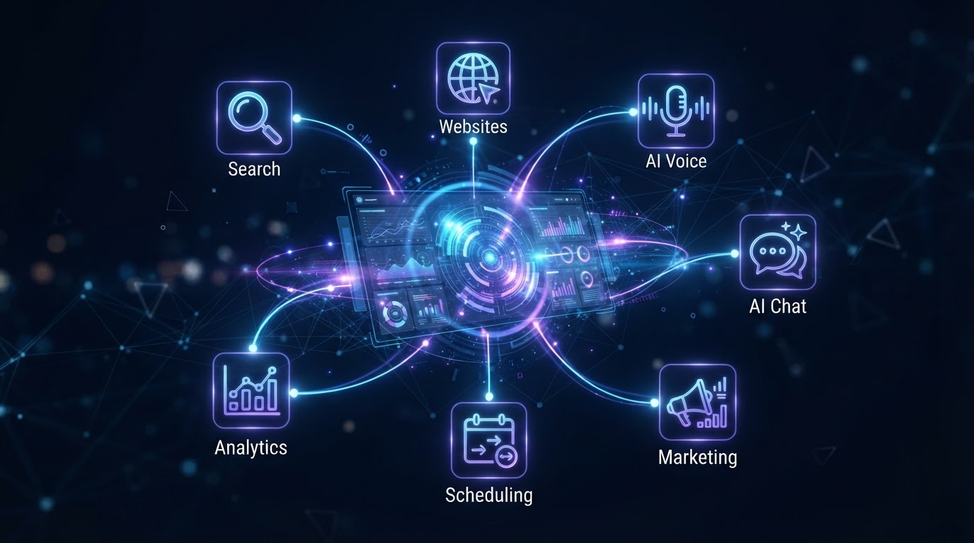 CRM dashboard hub with connected AI service icons linked by glowing blue and purple connection lines
