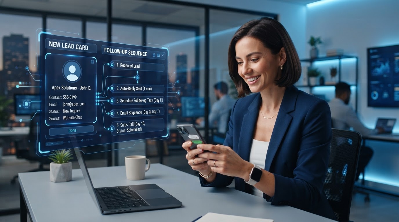 Business owner responding to a customer inquiry with a connected CRM dashboard showing a new lead and automated follow-up workflow