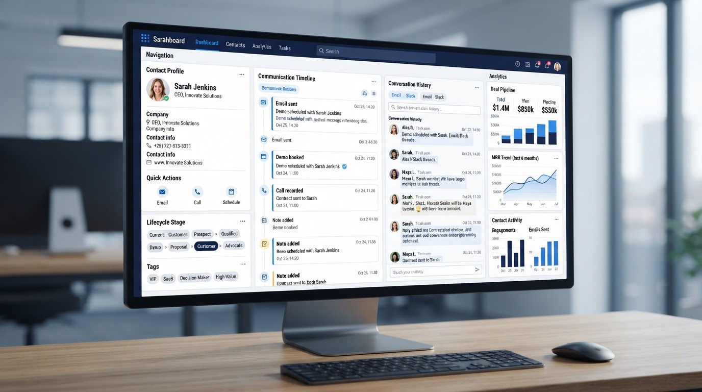 Merchant Mobile Connect CRM Dashboard on Desktop Monitor with interconnected channels