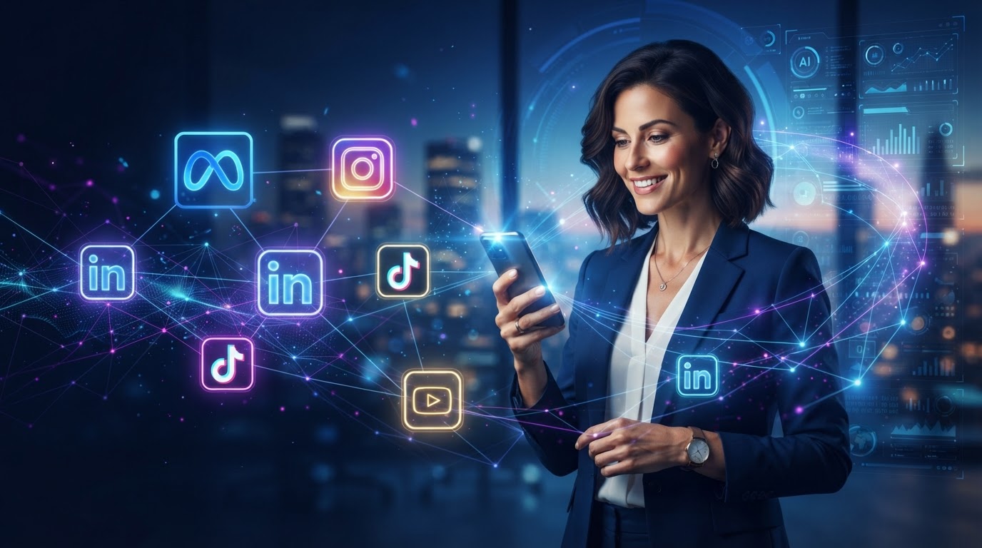 Professional businesswoman using a smartphone surrounded by social media platform icons and glowing AI connections