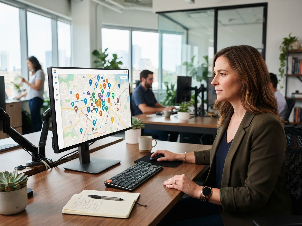 Business owner reviewing a local business discovery map interface with location pins on a desktop monitor