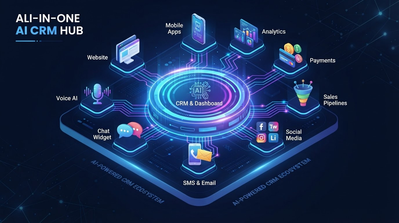 Futuristic CRM hub diagram showing central CRM dashboard connected to AI services