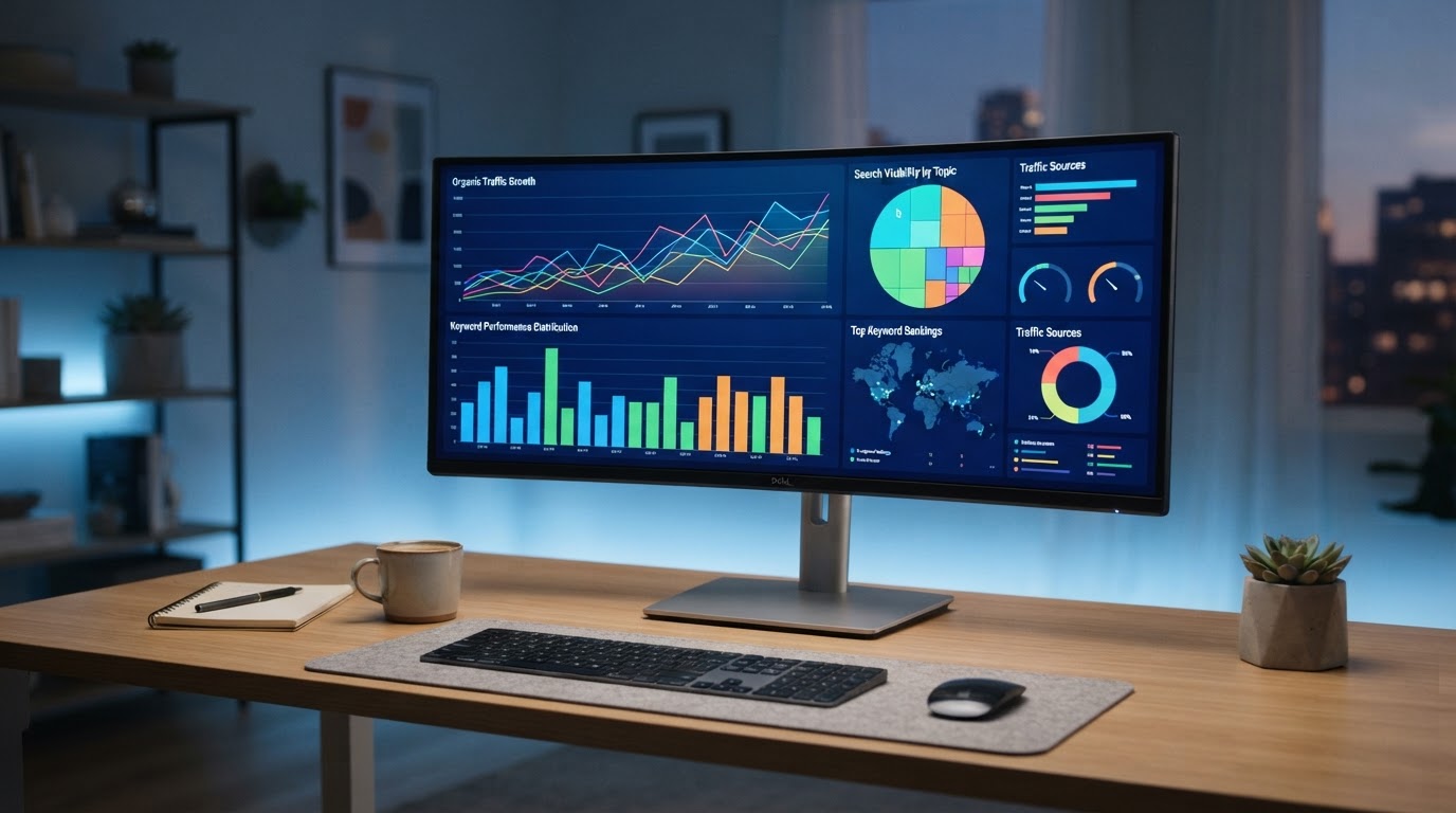 Desktop computer displaying SEO analytics charts and search performance visualizations in a modern office