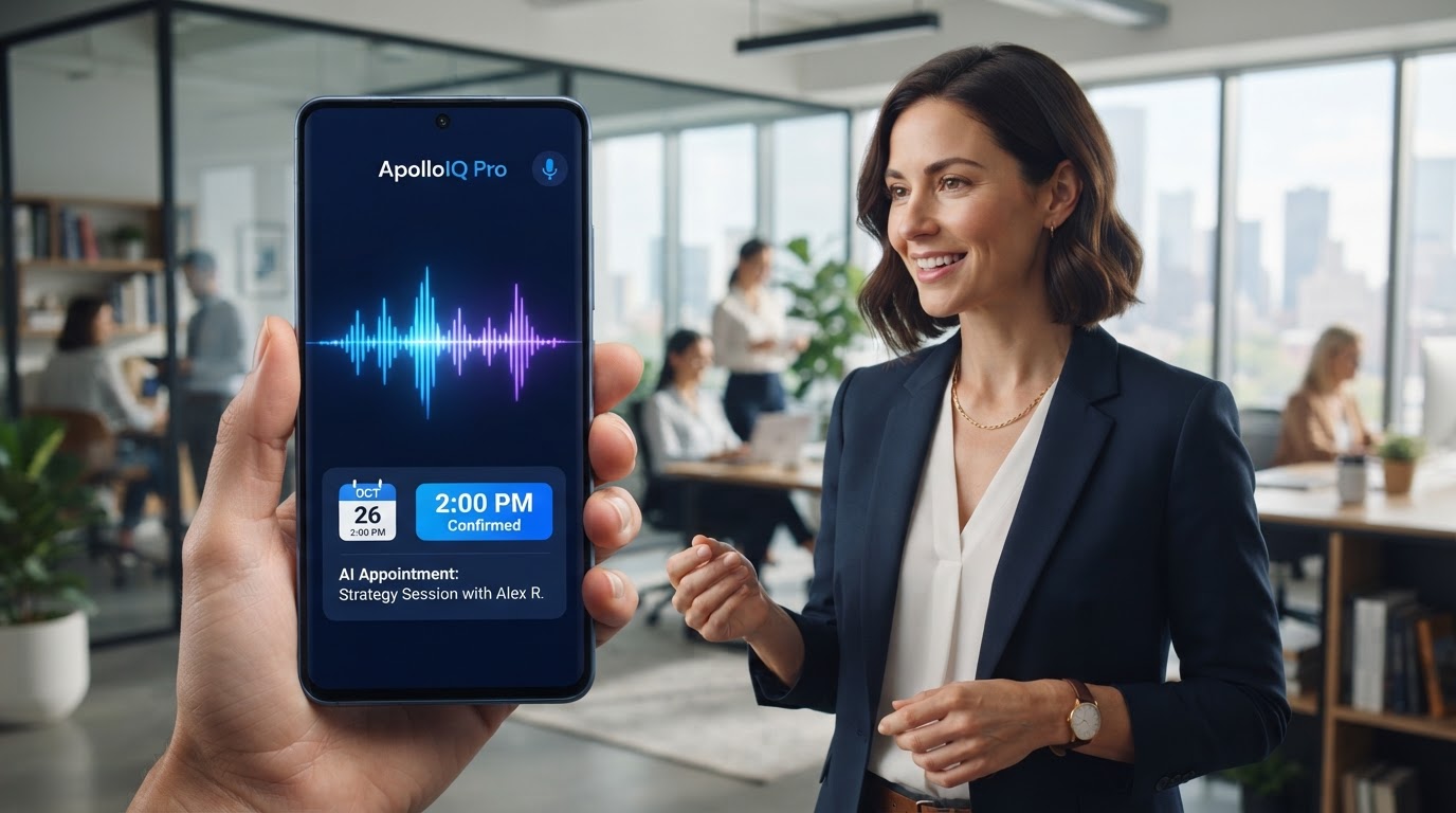 ApolloIQ Pro AI Voice Scheduling Assistant on a futuristic smartphone