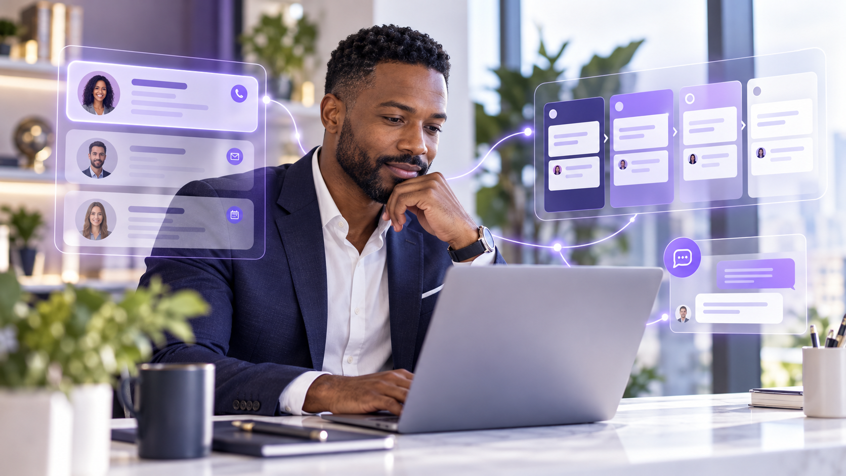 Business owner reviewing AI lead pipeline and conversations