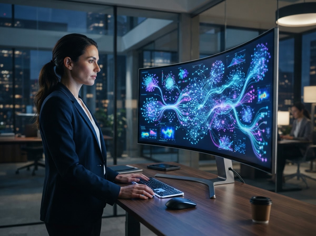 Business professional viewing a desktop monitor with abstract AI search discovery pathways and glowing network connections