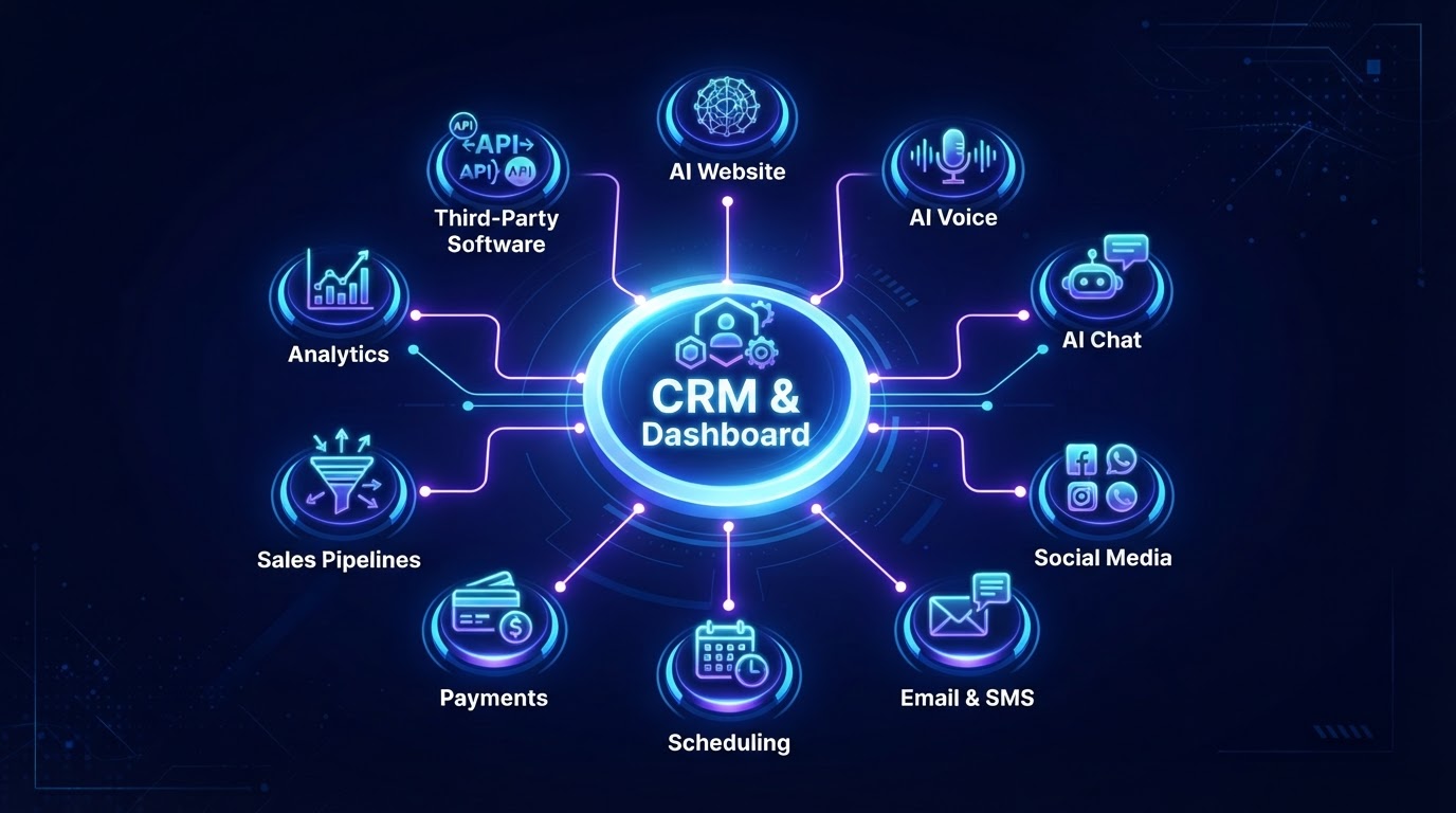 Futuristic CRM hub diagram with a central dashboard connected to AI services