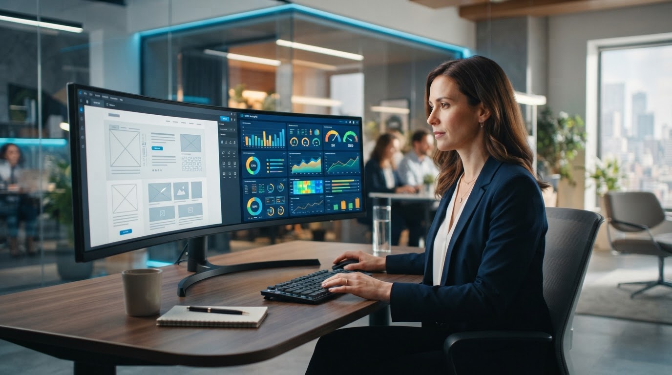 Businesswoman using a large monitor with a website editor and graphical SEO analysis panels in a modern office