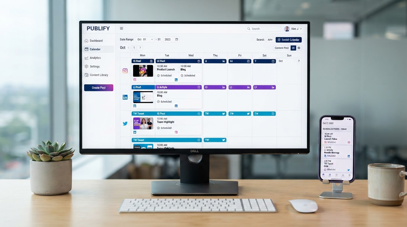 Social media content calendar and scheduling dashboard on a monitor with a smartphone showing scheduled posts
