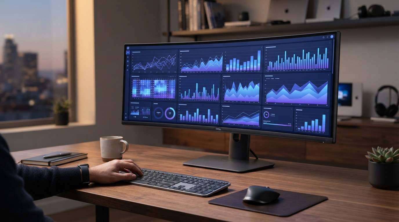 Large desktop monitor displaying search analytics dashboards with line charts, bar graphs, and performance indicators