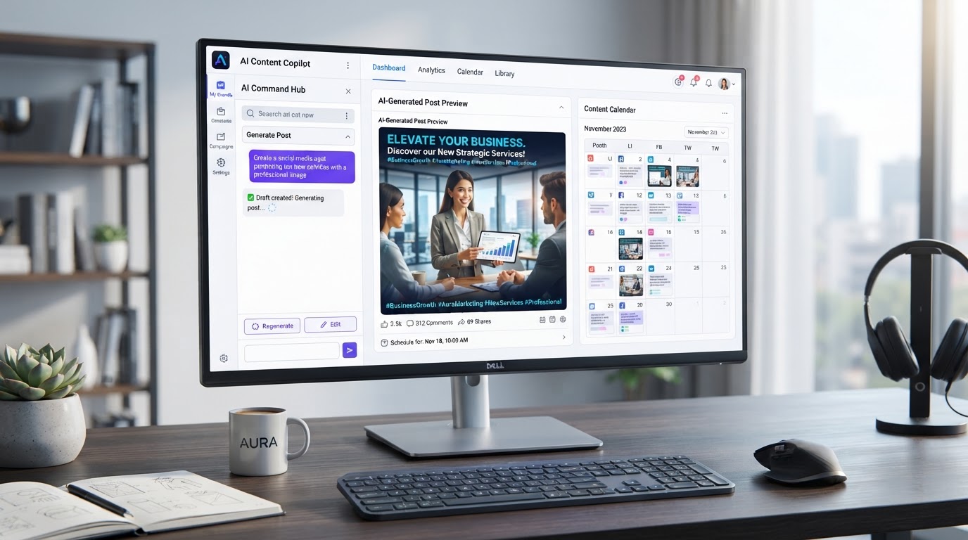 AI content creation dashboard with a social media post command and generated preview