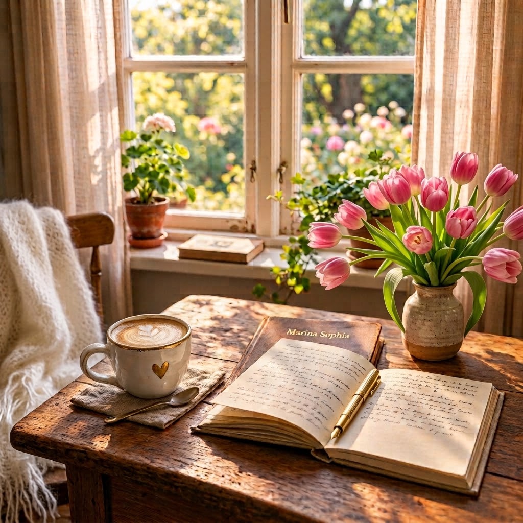Marina Sophia journal and quiet morning reflection by the sunlit window