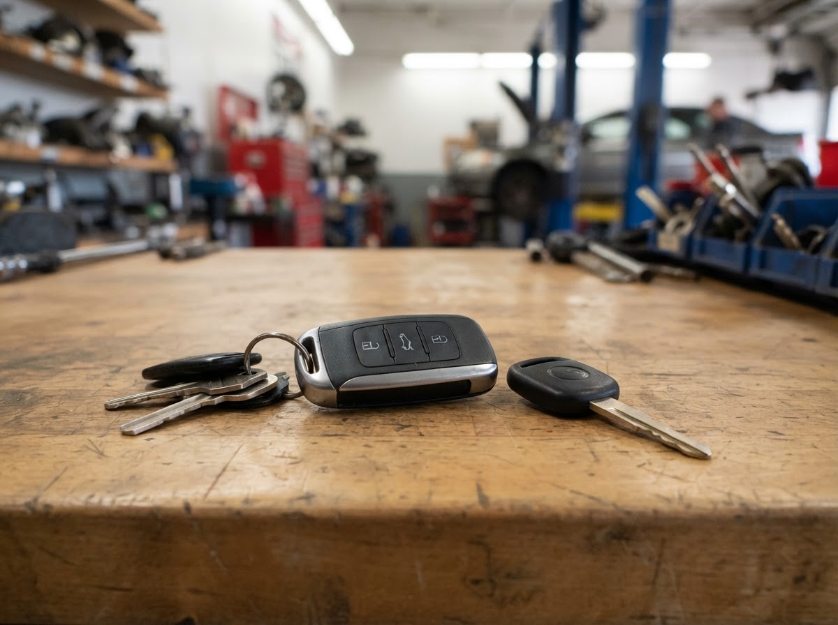 Car key fob and transponder key on a workbench