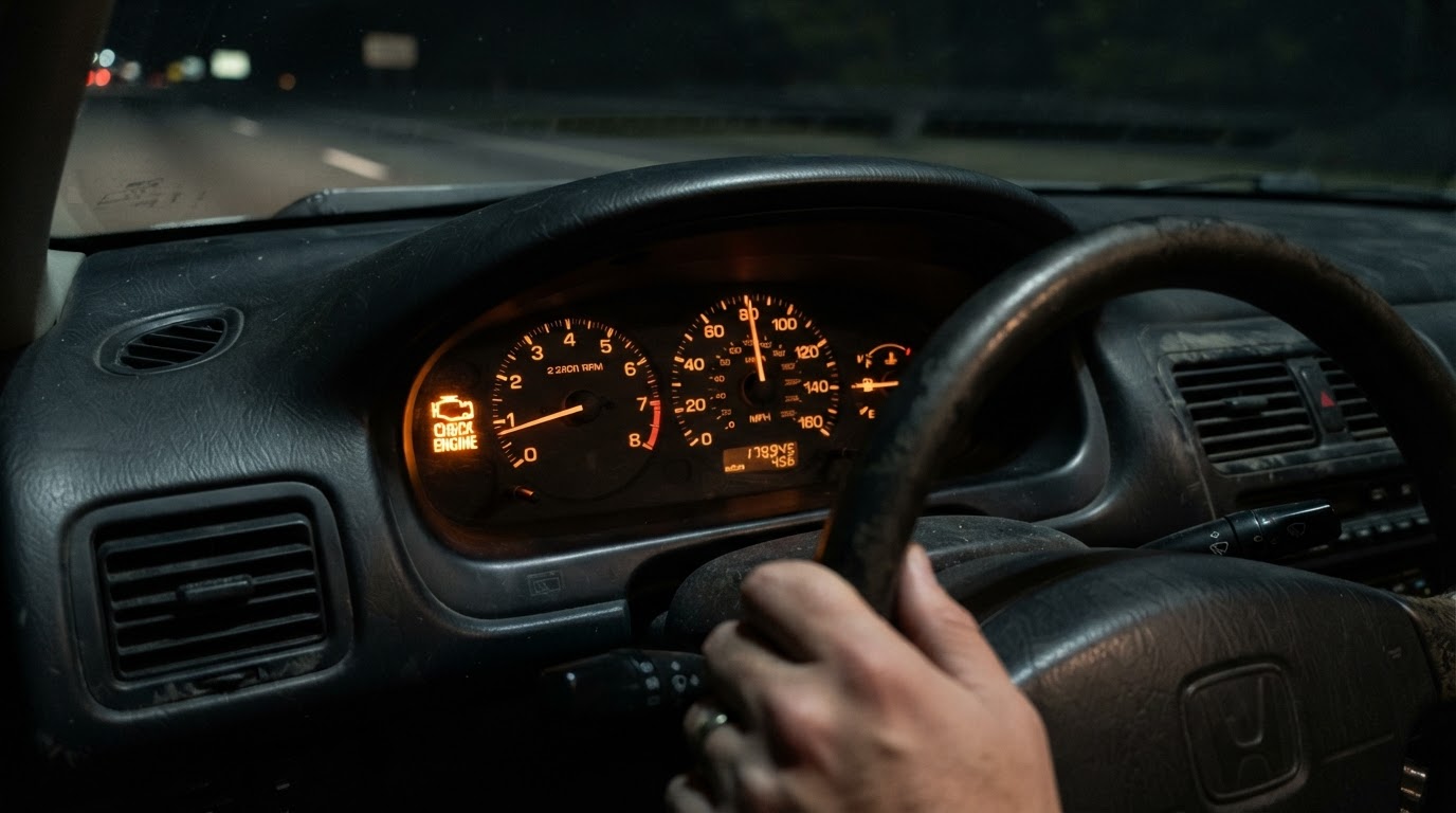 Check engine warning light on a car dashboard