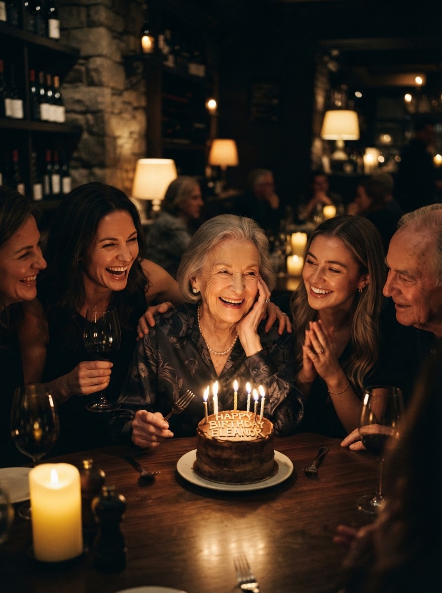 An honored family member celebrated at a restaurant by her loving family