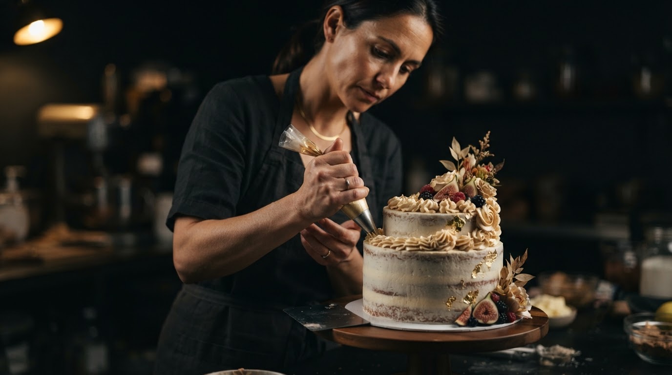 A local baker decorating a birthday cake by warm light