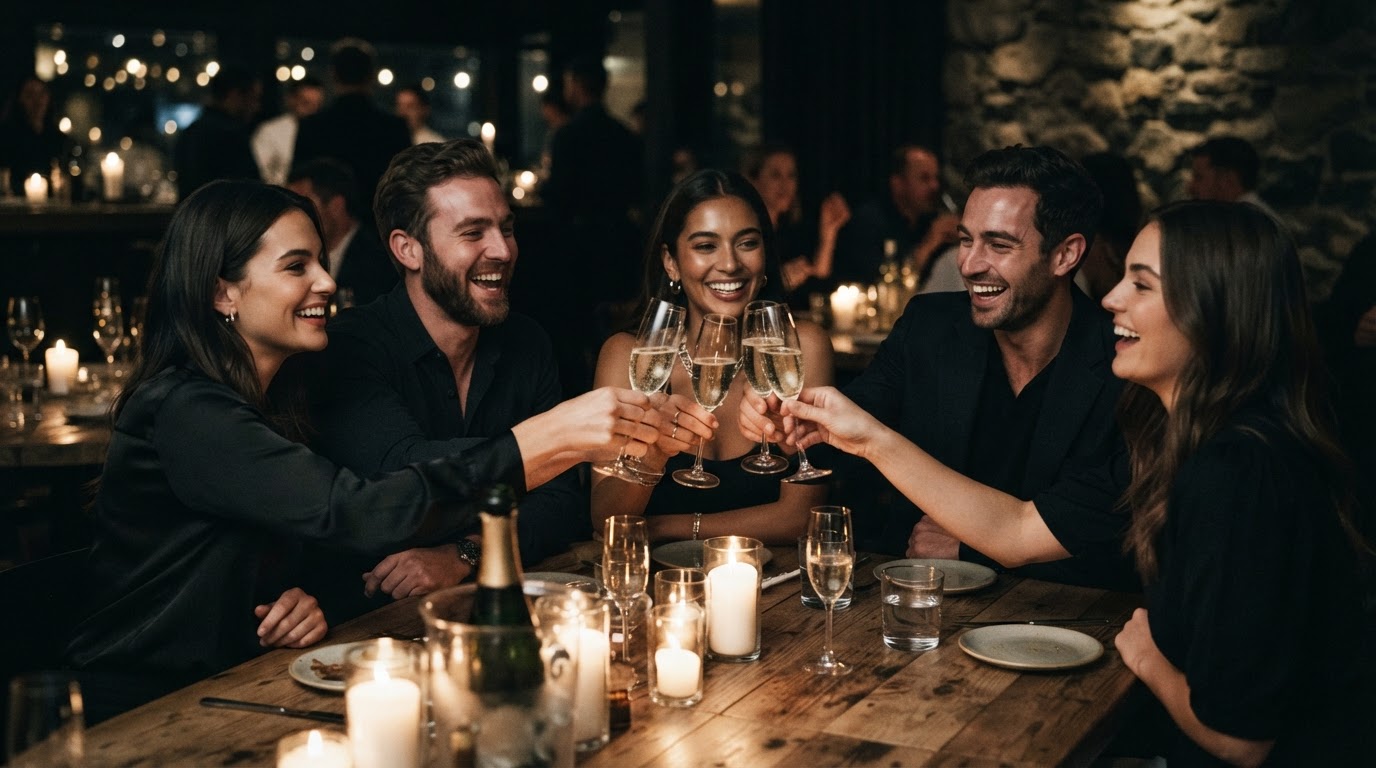 Friends celebrating with raised glasses at a restaurant