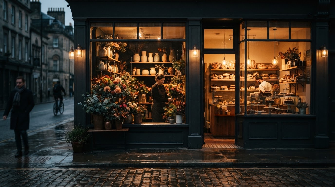An independent neighborhood storefront at dusk